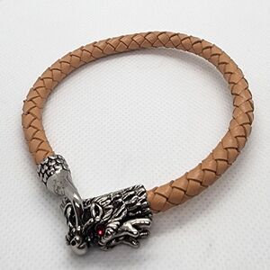 Sigal Tan Leather Stainless Steel Dragon Head Bracelet